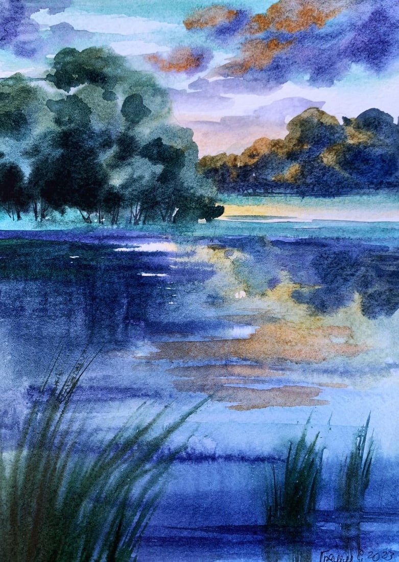 Watercolor painting Cool evening by the river Svetlana Gramm: Title: Watercolor painting Cool evening by the river Svetlana Gramm Description: AAA3355"Cool Evening by the River" is a captivating watercolor painting that beautifully captures the serene and tranqu