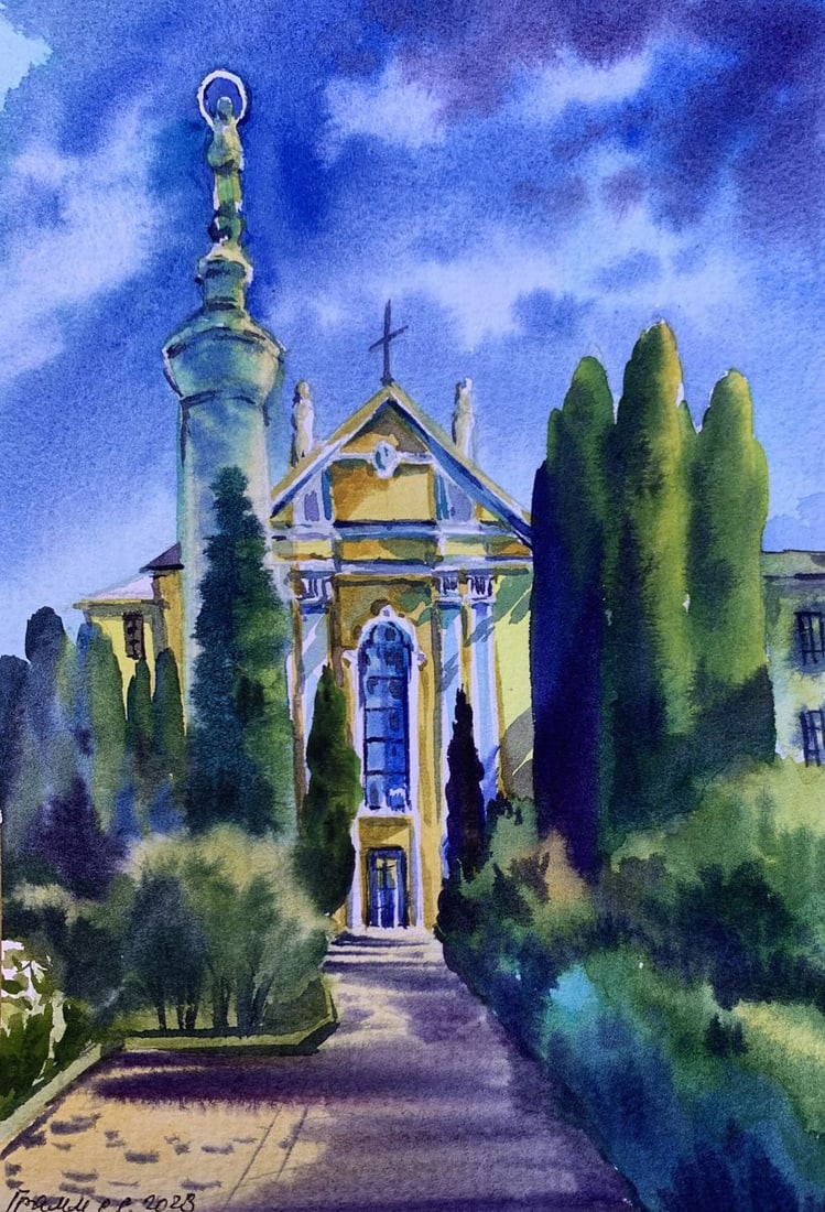 Watercolor painting Sacred place Svetlana Gramm: Title: Watercolor painting Sacred place Svetlana Gramm Description: AAA3359"Sacred Place" is a captivating watercolor painting that depicts a serene and reverent scene of a historic church surrounded 