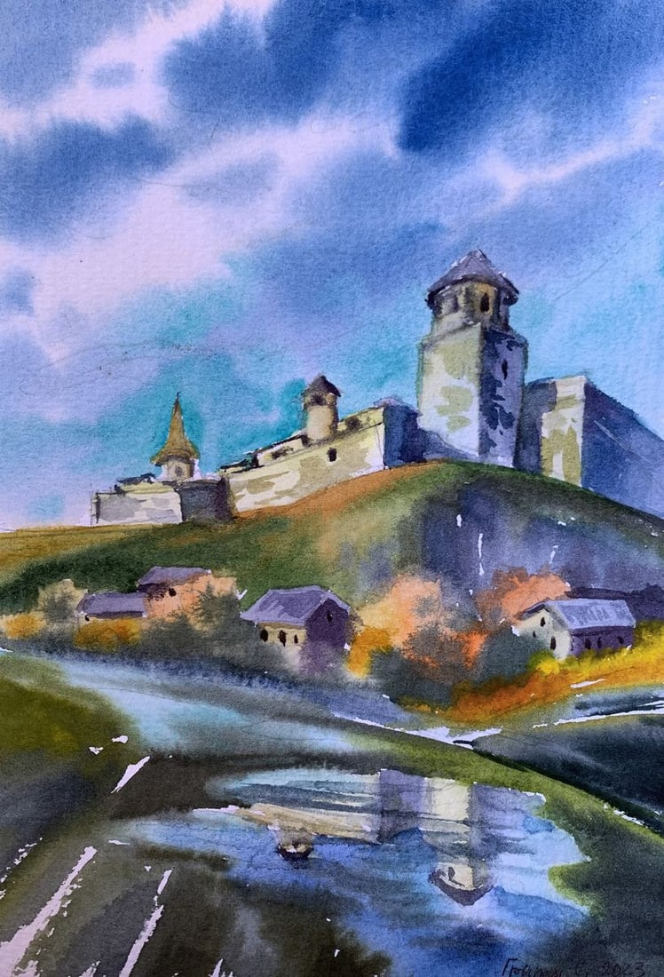 Watercolor painting Castle and village Svetlana Gramm: Title: Watercolor painting Castle and village Svetlana Gramm Description: AAA3360"Castle and Village" is an evocative watercolor painting that captures the timeless beauty and historical significance 