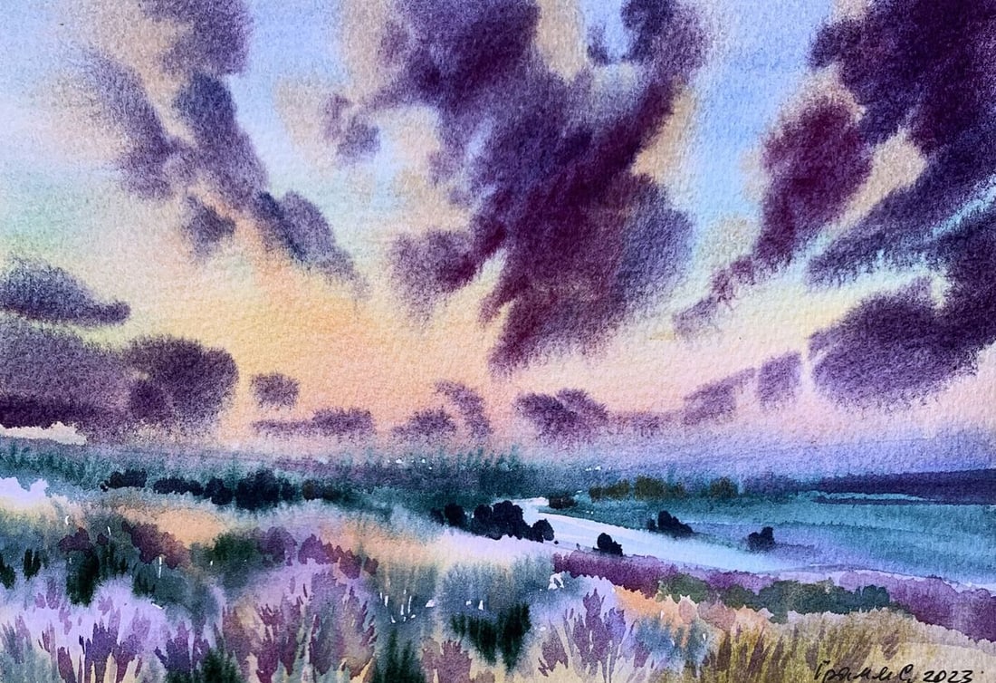Watercolor painting Shore is covered with clouds Svetlana Gramm: Title: Watercolor painting Shore is covered with clouds Svetlana Gramm Description: AAA3362"The Shore is Covered with Clouds" is a mesmerizing watercolor painting that beautifully captures the serene 