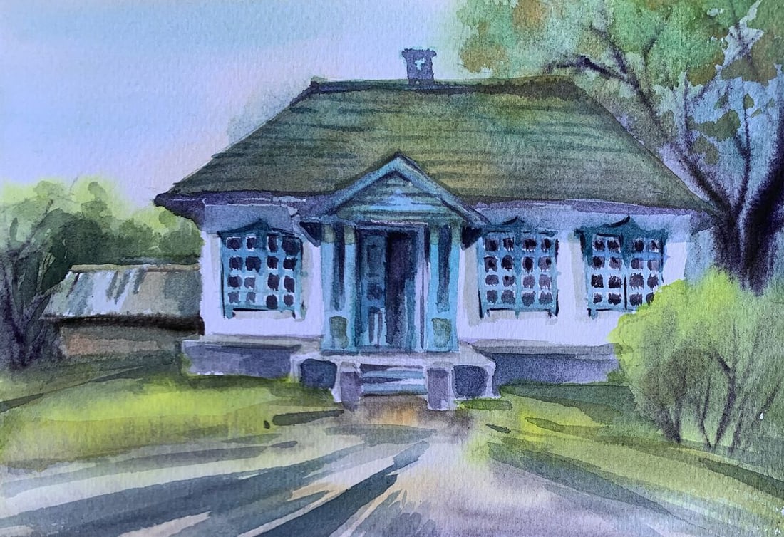 Watercolor painting Memory of home Svetlana Gramm: Title: Watercolor painting Memory of home Svetlana Gramm Description: AAA3365"Memory of Home" is a nostalgic and serene watercolor painting that beautifully captures the essence of a traditional home,
