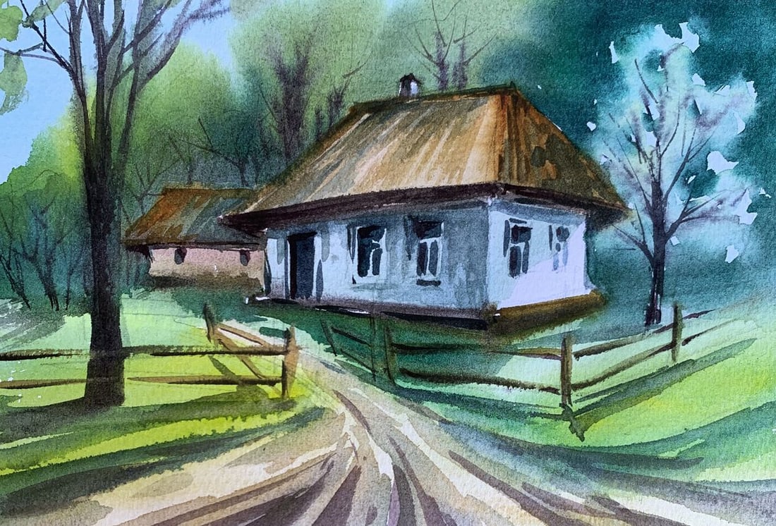 Watercolor painting Road to the village Svetlana Gramm: Title: Watercolor painting Road to the village Svetlana Gramm Description: AAA3366"Road to the Village" is a charming watercolor painting that captures the essence of rural life with its depiction of 