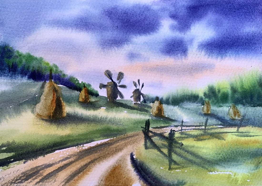 Watercolor painting Windmills and haystacks Svetlana Gramm: Title: Watercolor painting Windmills and haystacks Svetlana Gramm Description: AAA3368"Windmills and Haystacks" is a picturesque watercolor painting that captures the essence of a pastoral landscape. 