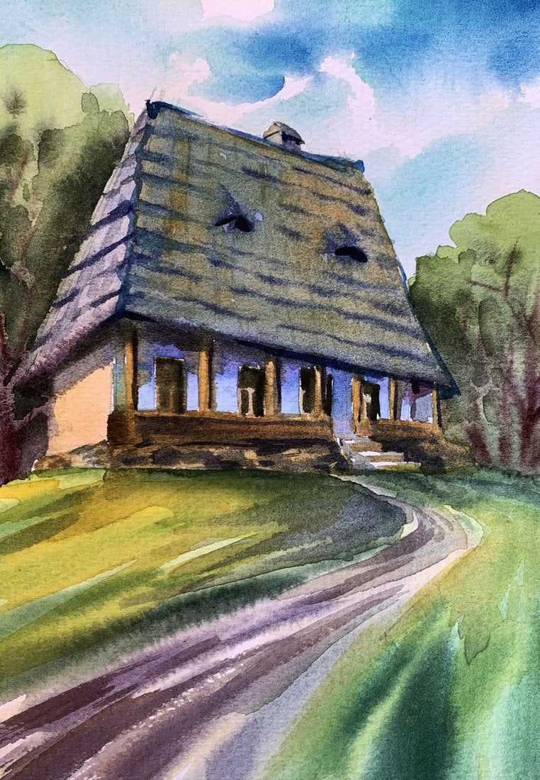 Watercolor painting House among the trees Svetlana Gramm: Title: Watercolor painting House among the trees Svetlana Gramm Description: AAA3369"House Among the Trees" is a captivating watercolor painting that beautifully captures the essence of rural tranquil