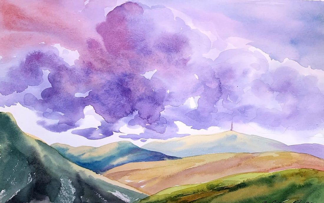 Watercolor painting Mountain View Svetlana Gramm: Title: Watercolor painting Mountain View Svetlana Gramm Description: AAA3370"Mountain View" is a captivating watercolor painting that beautifully captures the essence of a serene mountain landscape. T