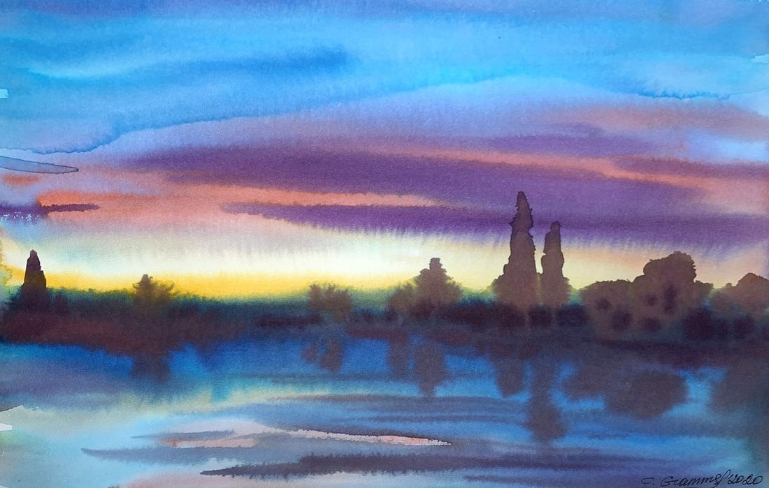 Watercolor painting Sunset on the river Svetlana Gramm: Title: Watercolor painting Sunset on the river Svetlana Gramm Description: AAA3371"Sunset on the River" is a stunning watercolor painting that captures the serene and captivating beauty of a sunset re