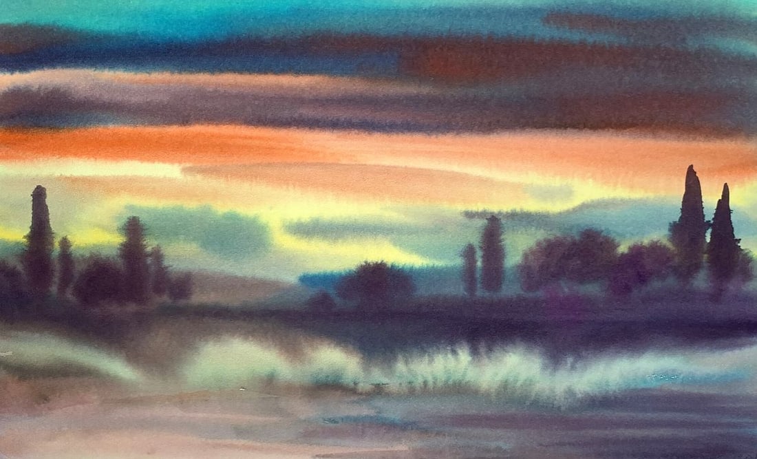 Watercolor painting Colorful evening Svetlana Gramm: Title: Watercolor painting Colorful evening Svetlana Gramm Description: AAA3373"Colorful Evening" is a vibrant watercolor painting that beautifully captures the serene and enchanting atmosphere of a s