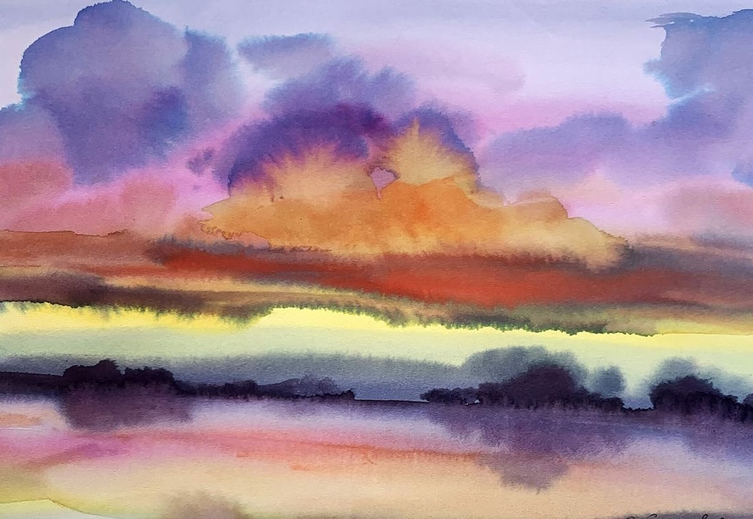 Watercolor painting Color mood Svetlana Gramm: Title: Watercolor painting Color mood Svetlana Gramm Description: AAA3374"Color Mood" is an evocative watercolor painting that vividly captures the dynamic interplay of colors in the sky during a dram