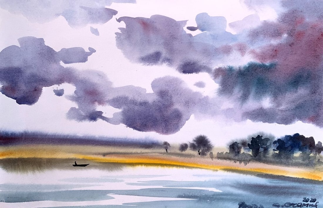 Watercolor painting Alone on the river Svetlana Gramm: Title: Watercolor painting Alone on the river Svetlana Gramm Description: AAA3375"Alone on the River" is a contemplative watercolor painting that captures the serene and solitary experience of a lone 
