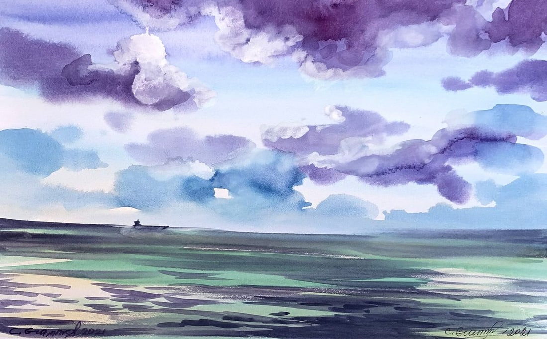 Watercolor painting Sea silence Svetlana Gramm: Title: Watercolor painting Sea silence Svetlana Gramm Description: AAA3376"Sea Silence" is a captivating watercolor painting that masterfully captures the serene and tranquil essence of a calm sea und
