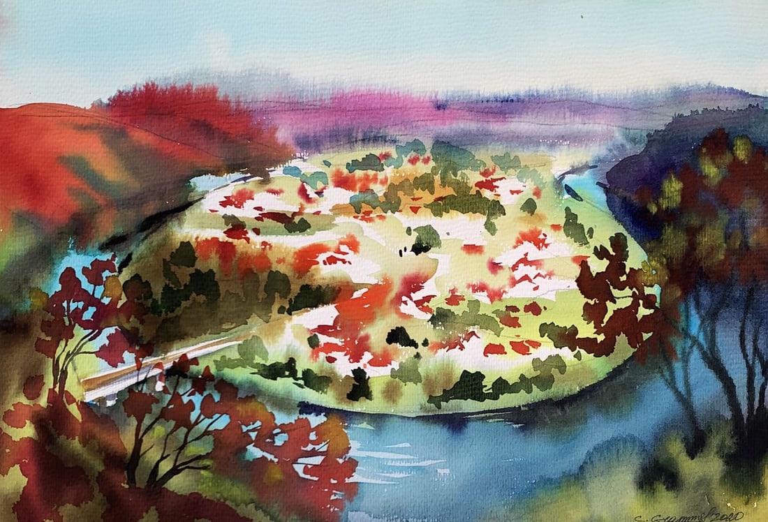 Watercolor painting View of the Reserve Svetlana Gramm: Title: Watercolor painting View of the Reserve Svetlana Gramm Description: AAA3377"View of the Reserve" is a vibrant and captivating watercolor painting that depicts a scenic landscape of a nature res