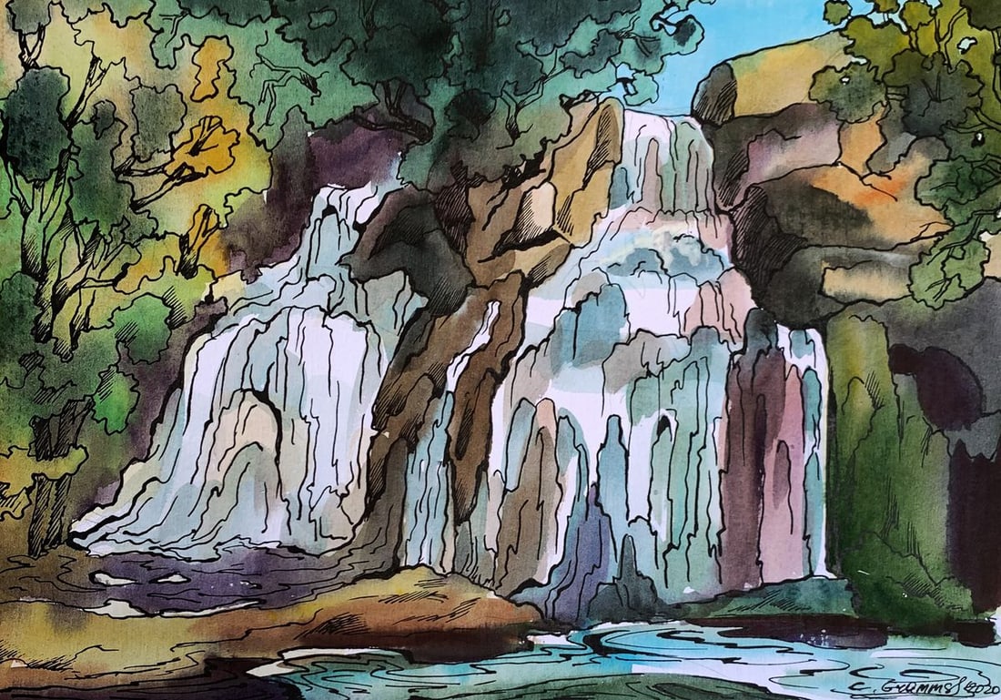 Watercolor painting Mountain waterfall Svetlana Gramm: Title: Watercolor painting Mountain waterfall Svetlana Gramm Description: AAA3379"Mountain Waterfall" is an exquisite watercolor painting that captures the dynamic and serene beauty of a waterfall cas