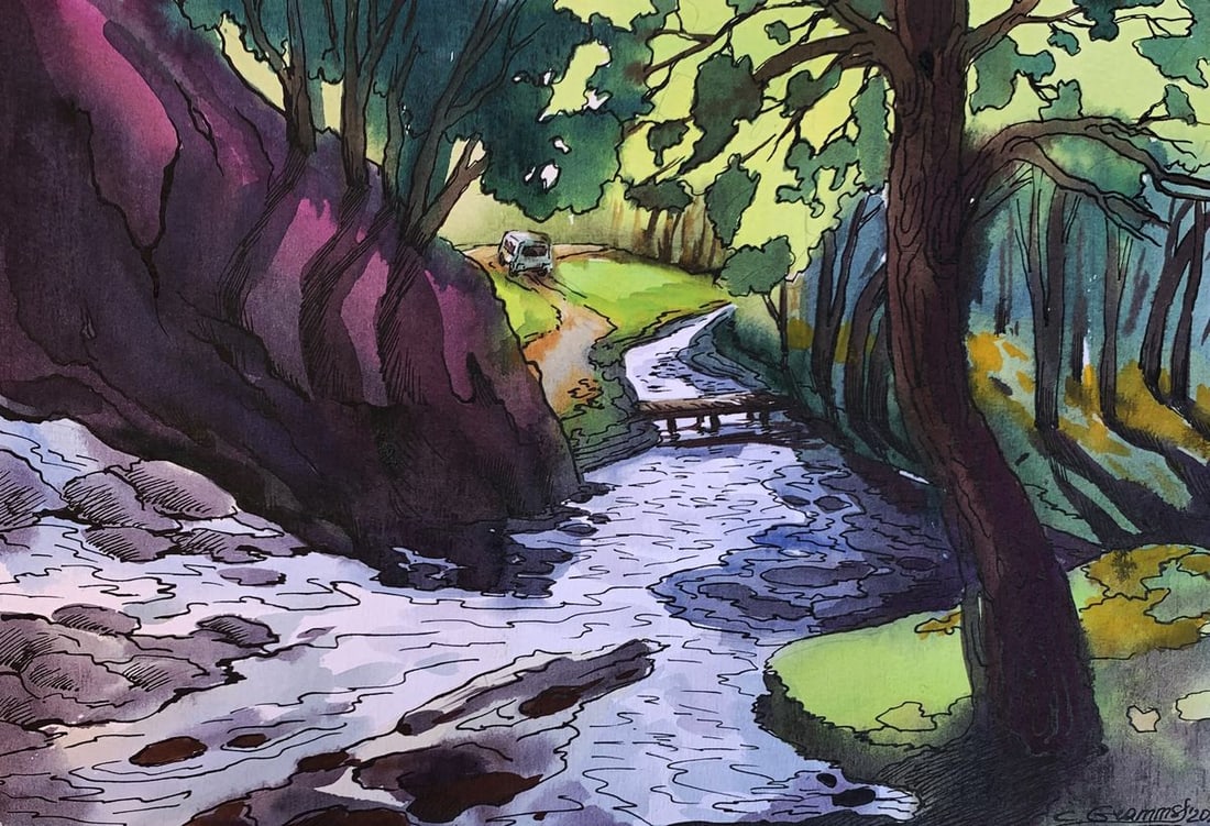 Watercolor painting Waterfall in the forest Svetlana Gramm (1 of 12)
