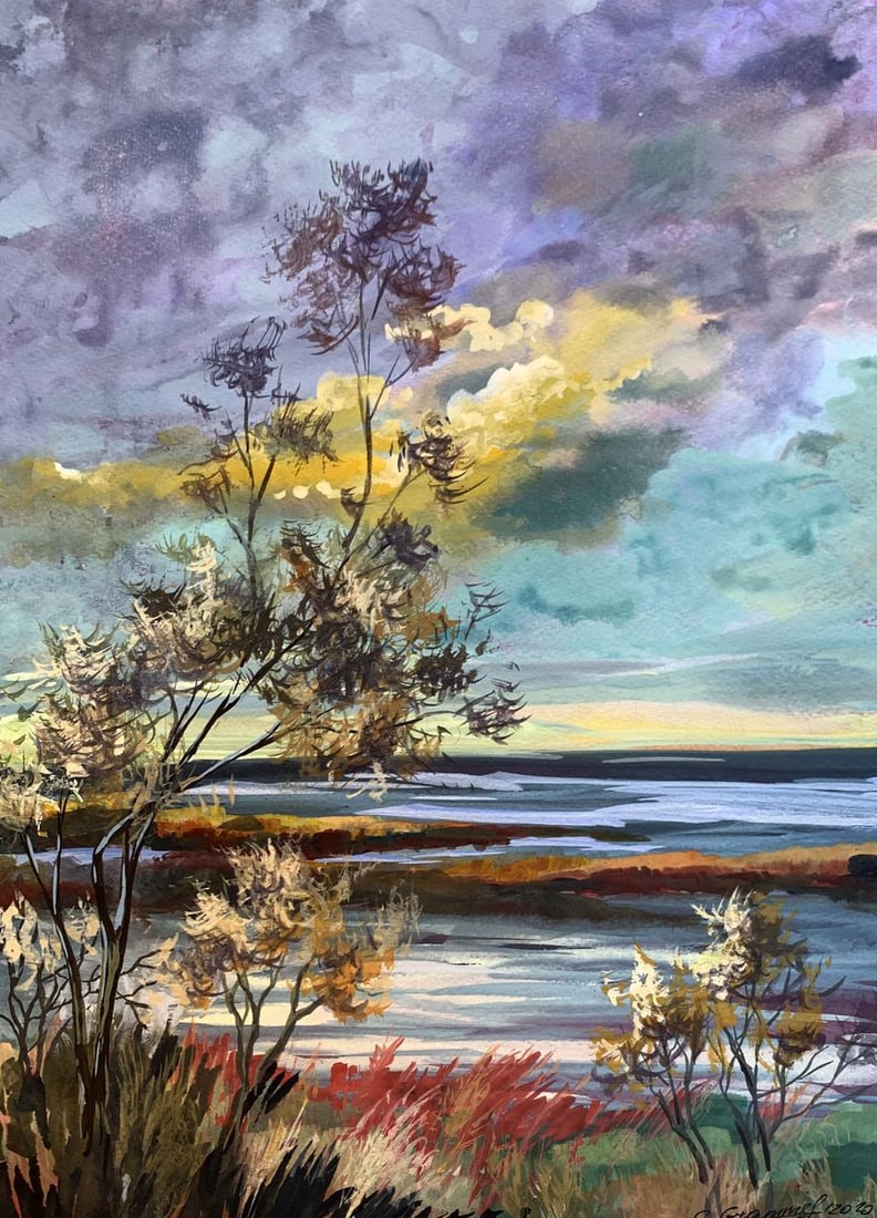 Watercolor painting Great sea view Svetlana Gramm: Title: Watercolor painting Great sea view Svetlana Gramm Description: AAA3385"Great Sea View" is a captivating watercolor painting that showcases the beauty of a vast seascape under a dramatic sky. Th