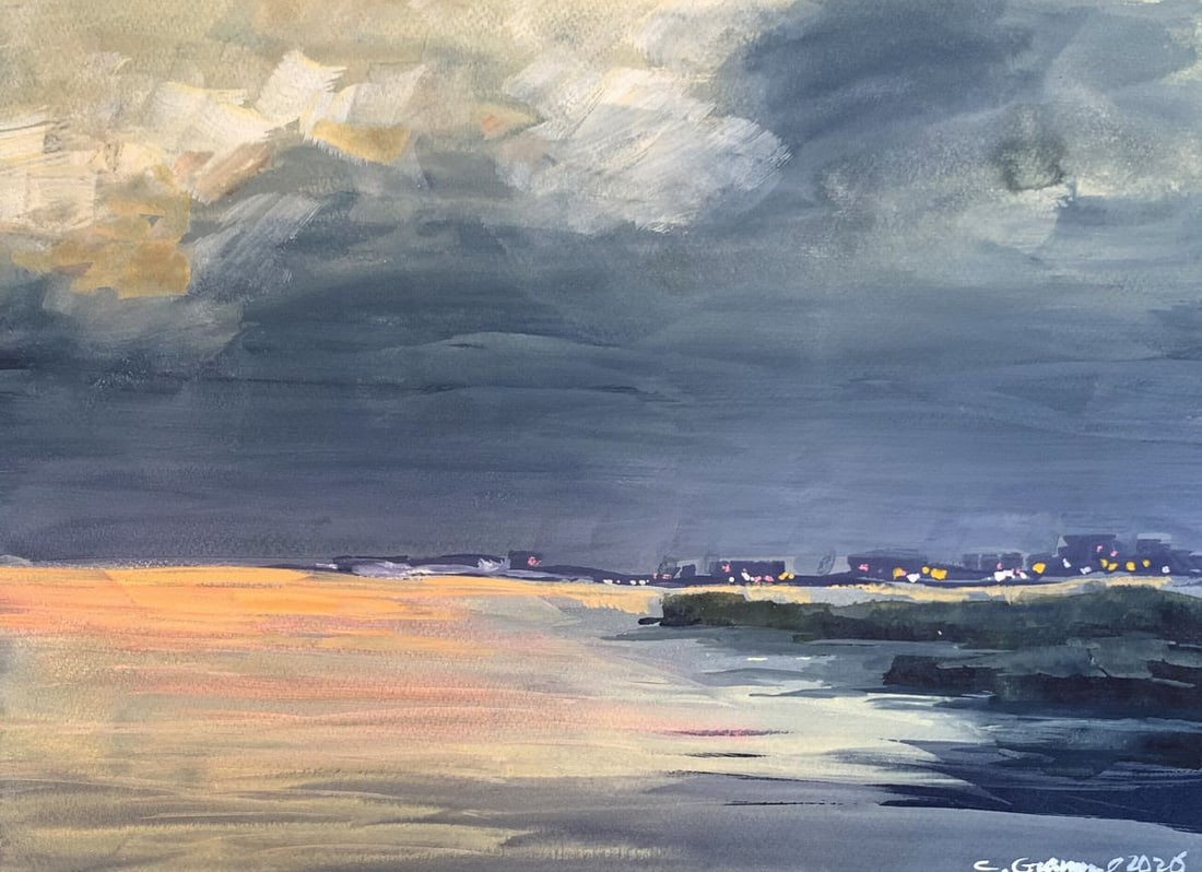 Watercolor painting On the spit Svetlana Gramm: Title: Watercolor painting On the spit Svetlana Gramm Description: AAA3387"On the Spit" is a compelling watercolor painting that captures the dramatic interplay of light and dark during a coastal even