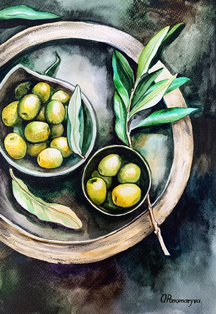 Watercolor painting Olive Olga Ponomaryva: Title: Watercolor painting Olive Olga Ponomaryva Description: AAA3455The painting "Olive", created with watercolor on paper, is an exquisite still life that highlights the natural beauty and elegance 