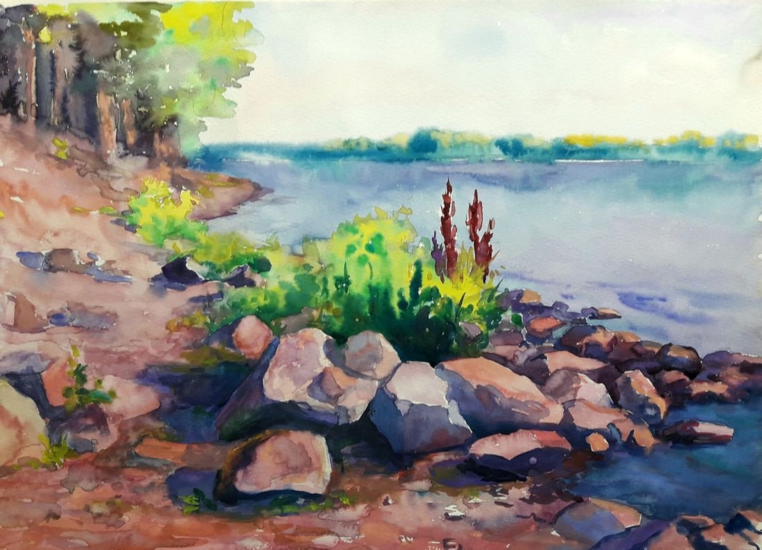 Watercolor painting Bank of the Dnieper Serdyuk Boris Petrovich: Title: Watercolor painting Bank of the Dnieper Serdyuk Boris Petrovich Description: SERB 929The watercolor painting "Bank of the Dnieper" beautifully captures the serene and natural beauty of the rive