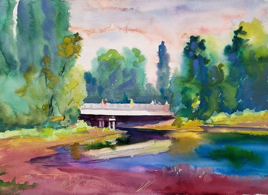 Watercolor painting Near the bridge Serdyuk Boris Petrovich: Title: Watercolor painting Near the bridge Serdyuk Boris Petrovich Description: SERB 931The watercolor painting "Near the Bridge" captures the vibrant essence of a picturesque landscape, where nature 