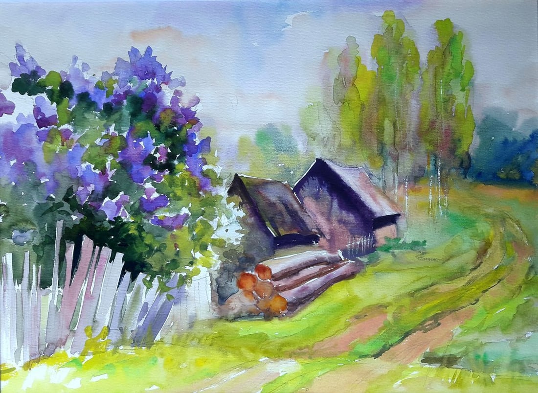 Watercolor painting Lilac near the village Serdyuk Boris Petrovich: Title: Watercolor painting Lilac near the village Serdyuk Boris Petrovich Description: SERB 933This watercolor landscape, titled "Lilac near the village," is a picturesque portrayal of rural serenity 
