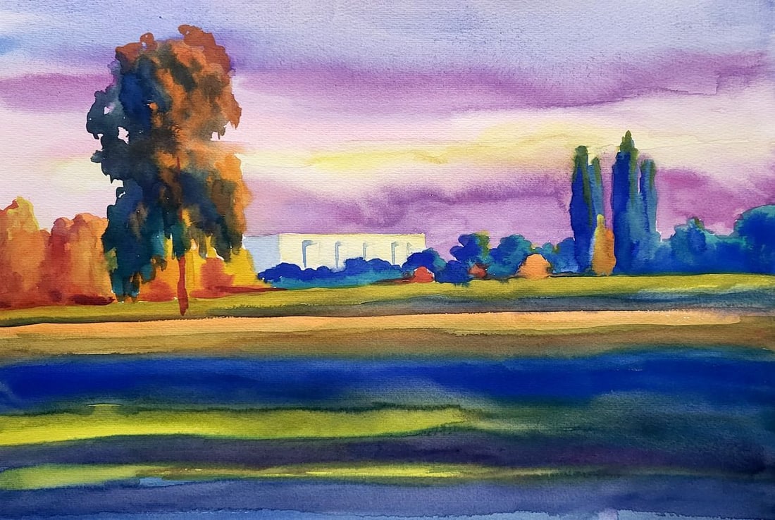 Watercolor painting Evening Serdyuk Boris Petrovich: Title: Watercolor painting Evening Serdyuk Boris Petrovich Description: SERB 936The watercolor painting titled "Evening" captures a tranquil and dramatic sunset scene. The composition is a harmony of 