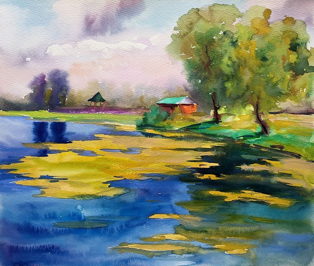 Watercolor painting It took a long time Serdyuk Boris Petrovich: Title: Watercolor painting It took a long time Serdyuk Boris Petrovich Description: SERB 944"It Took a Long Time" is a vibrant watercolor painting that encapsulates a serene and timeless lakeside scen