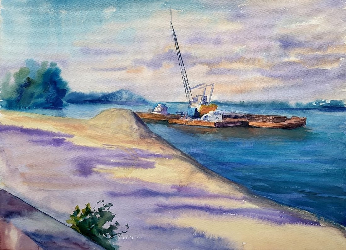 Watercolor painting Dredge on the Dnieper Serdyuk Boris Petrovich: Title: Watercolor painting Dredge on the Dnieper Serdyuk Boris Petrovich Description: SERB 946"Dredge on the Dnieper" is a watercolor painting that captures the serene and industrious atmosphere along
