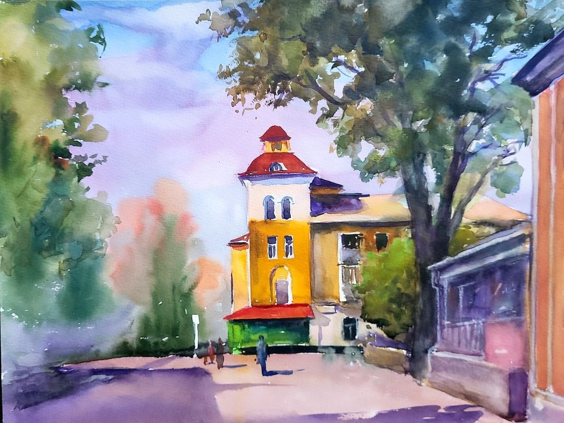 Watercolor painting Urban landscape of the city of Kremenchuk Serdyuk Boris Petrovich: Title: Watercolor painting Urban landscape of the city of Kremenchuk Serdyuk Boris Petrovich Description: SERB 955This vibrant watercolor painting captures an urban landscape within the city of Kremen