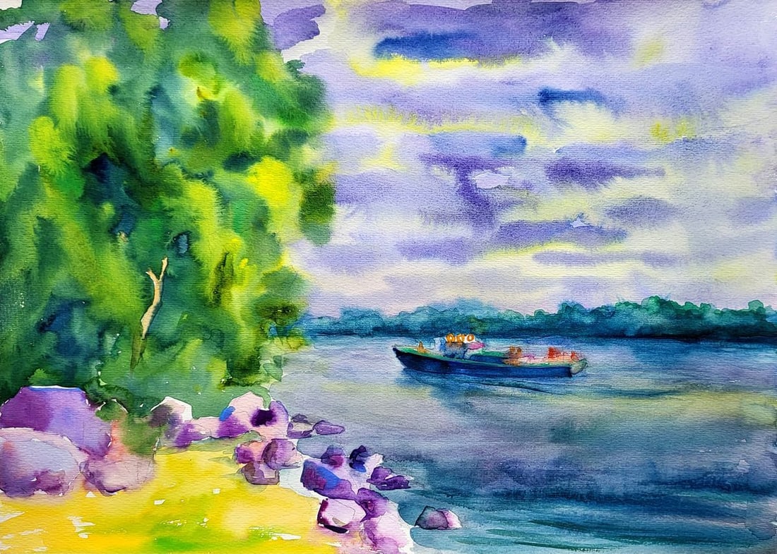 Watercolor painting On the Dnieper Serdyuk Boris Petrovich: Title: Watercolor painting On the Dnieper Serdyuk Boris Petrovich Description: SERB 957This vibrant watercolor painting, titled "On the Dnieper," captures the fluid and dynamic essence of life on one 