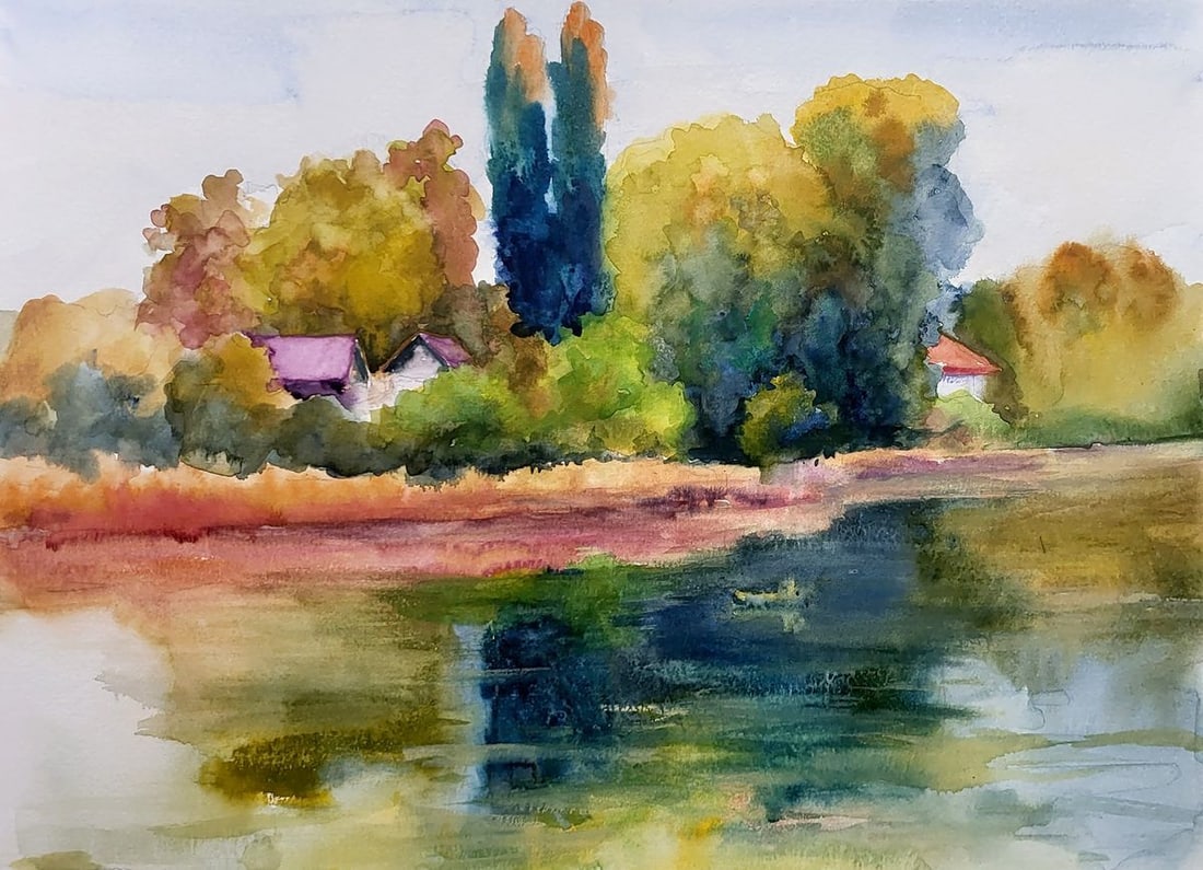 Watercolor painting On the river Serdyuk Boris Petrovich: Title: Watercolor painting On the river Serdyuk Boris Petrovich Description: SERB 958The watercolor painting titled "On the River" is a serene portrayal of a gentle riverside landscape, imbued with th
