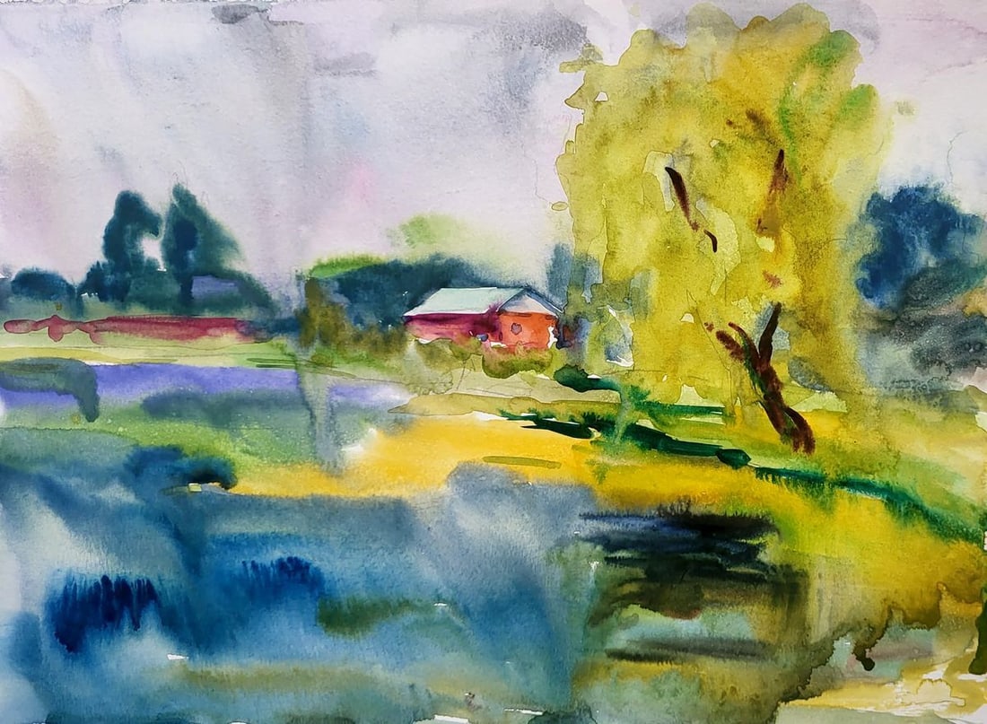 Watercolor painting On the pond Serdyuk Boris Petrovich: Title: Watercolor painting On the pond Serdyuk Boris Petrovich Description: SERB 959The watercolor painting titled "On the Pond" captures an impressionistic snapshot of a day by a still body of water,