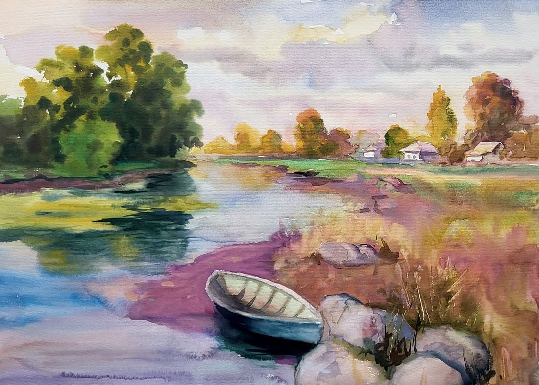 Watercolor painting Surroundings of the village Serdyuk Boris Petrovich: Title: Watercolor painting Surroundings of the village Serdyuk Boris Petrovich Description: SERB 961This watercolor landscape, titled "Surroundings of the Village," exudes a tranquil rural charm, capt