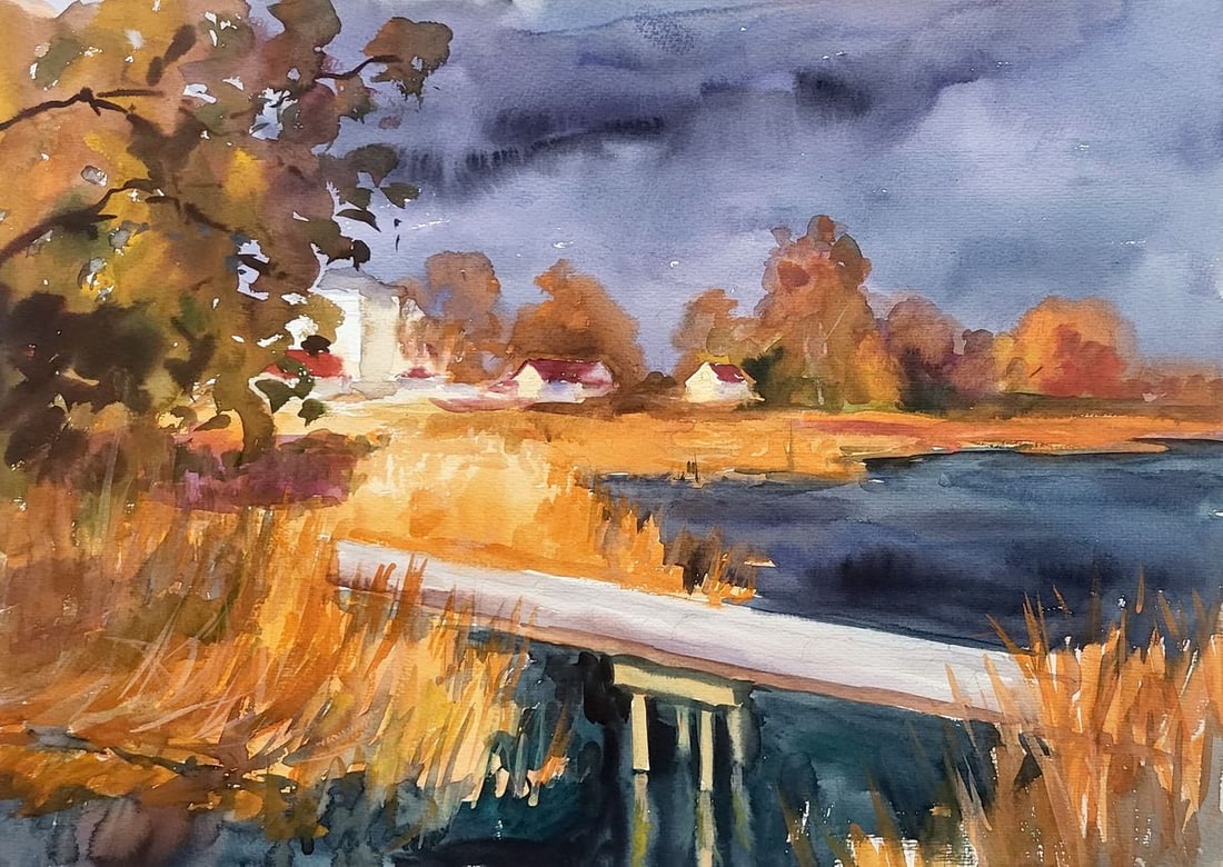 Watercolor painting Autumn Kahamlyk Serdyuk Boris Petrovich: Title: Watercolor painting Autumn Kahamlyk Serdyuk Boris Petrovich Description: SERB 962This watercolor landscape, titled "Autumn Kahamlyk," captures the essence of the season with a vivid and express
