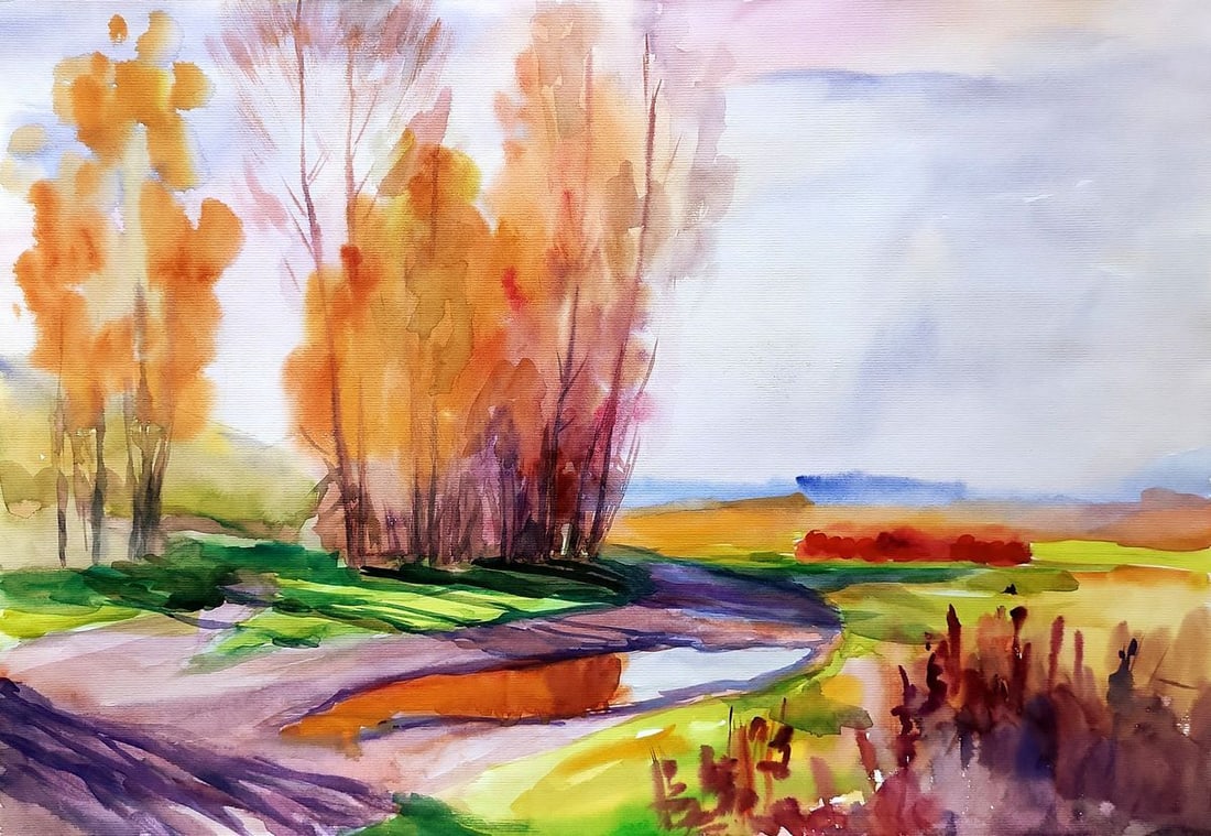Watercolor painting Autumn motif with road Serdyuk Boris Petrovich: Title: Watercolor painting Autumn motif with road Serdyuk Boris Petrovich Description: SERB 963This watercolor painting, titled "Autumn motif with road," portrays a serene rural landscape suffused wit