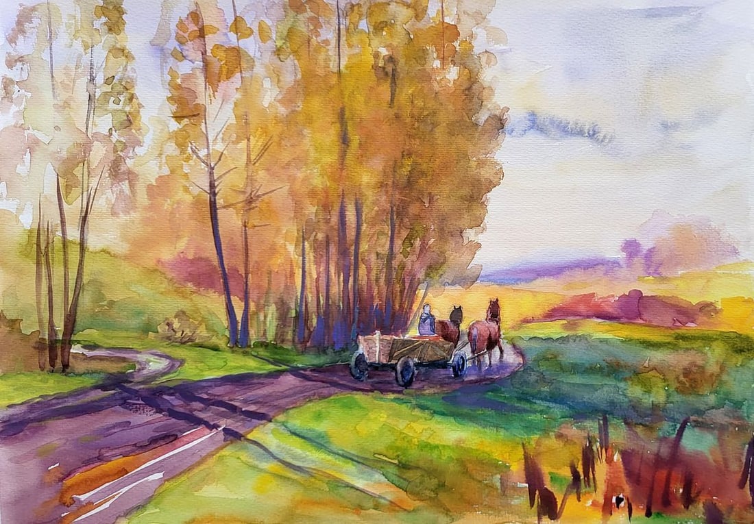 Watercolor painting Autumn landscape Serdyuk Boris Petrovich: Title: Watercolor painting Autumn landscape Serdyuk Boris Petrovich Description: SERB 964This watercolor painting, entitled "Autumn landscape," depicts a quintessential pastoral scene brimming with th