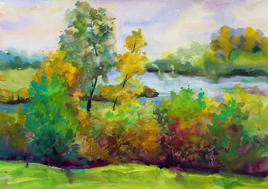 Watercolor painting The beginning of autumn Serdyuk Boris Petrovich: Title: Watercolor painting The beginning of autumn Serdyuk Boris Petrovich Description: SERB 972The watercolor painting "The Beginning of Autumn" is a vibrant representation of the seasonal transition