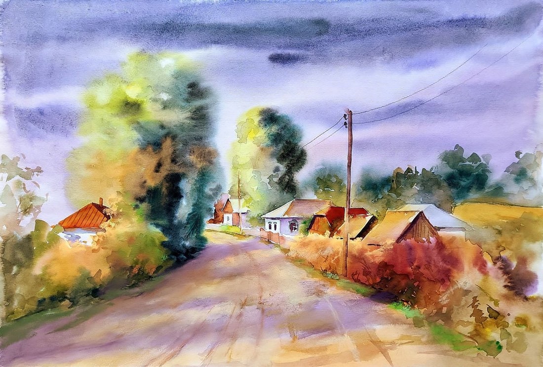 Watercolor painting Morning Serdyuk Boris Petrovich: Title: Watercolor painting Morning Serdyuk Boris Petrovich Description: SERB 974The watercolor painting titled "Morning" depicts a serene rural village at the break of day. The scene is suffused with 