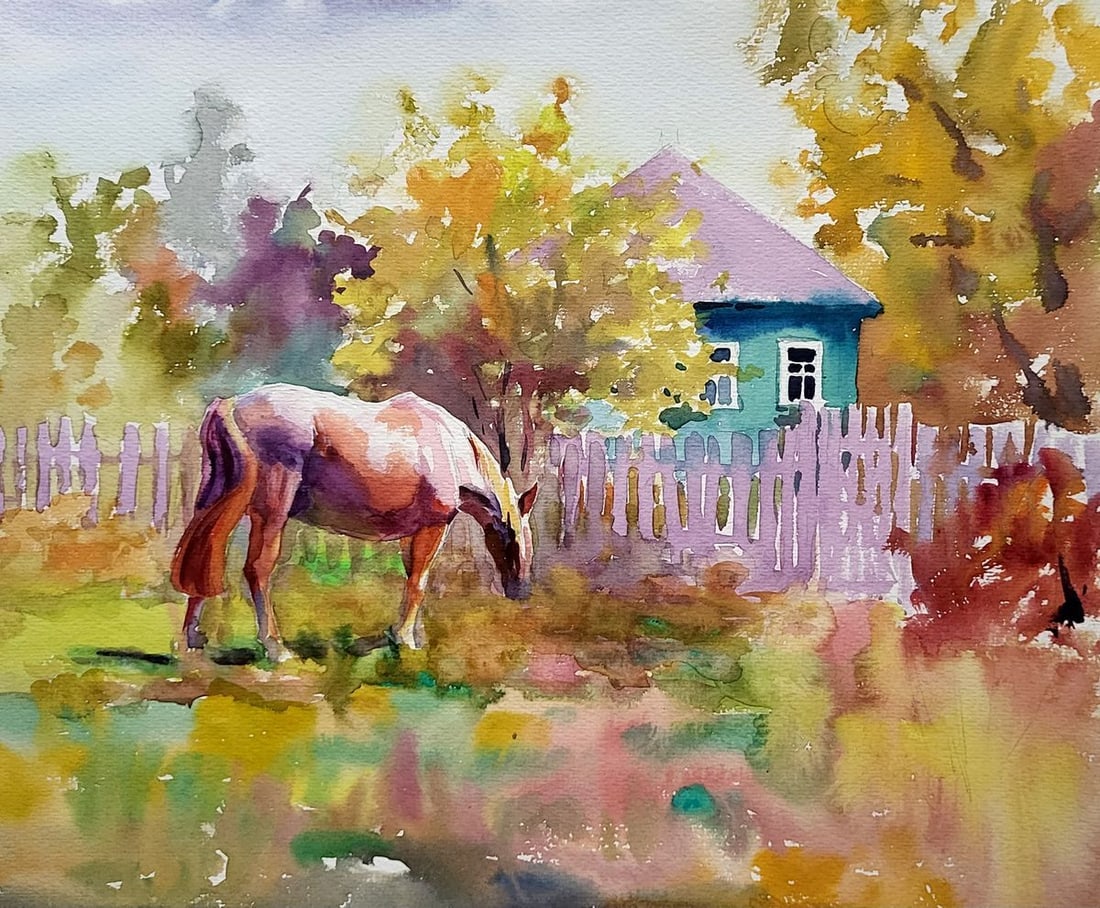 Watercolor painting Rural landscape with a mare Serdyuk Boris Petrovich: Title: Watercolor painting Rural landscape with a mare Serdyuk Boris Petrovich Description: SERB 979This watercolor painting, titled "Rural landscape with a mare," is a vibrant and pastoral scene that