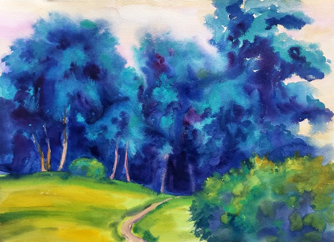 Watercolor painting Cold forest Serdyuk Boris Petrovich: Title: Watercolor painting Cold forest Serdyuk Boris Petrovich Description: SERB 984The watercolor painting titled "Cold Forest" is a vivid, almost mystical representation of a dense forest landscape 