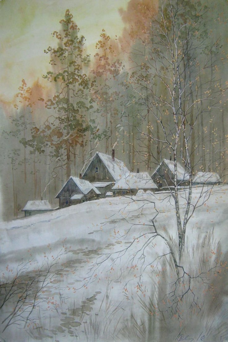 Watercolor painting February evening Kalebets Valery: Title: Watercolor painting February evening Kalebets Valery Description: Sav 199 *** ABOUT THIS PAINTING *** * TITLE: "February evening" * ARTISTS: Kalebets Valery * SIZE: 60x40 cm/'23.62x15.74 inches