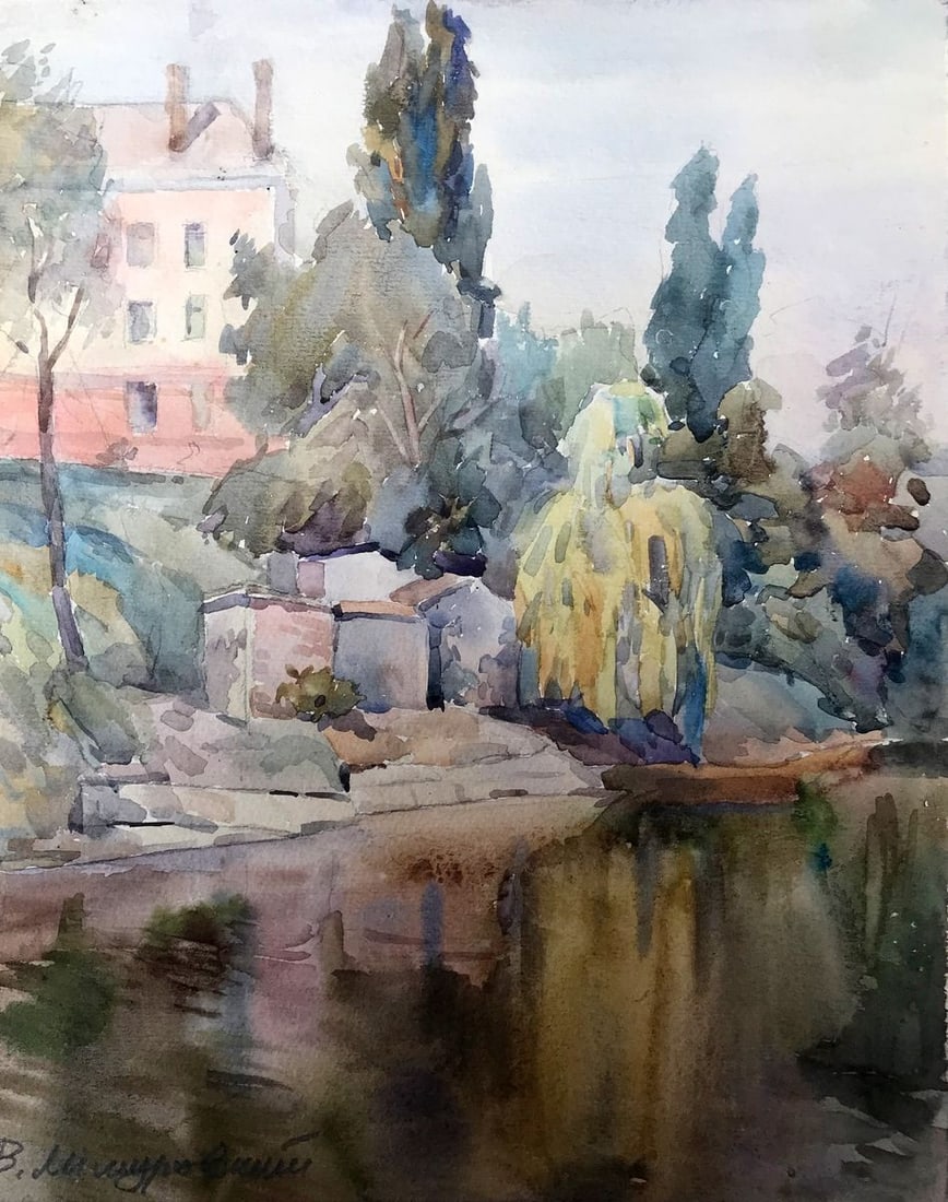 Watercolor painting City river Wihyrovskii Victor: Title: Watercolor painting City river Wihyrovskii Victor Description: AAA2095 This magnificent painting of a city river is sure to add a touch of elegance to any home. The serene and peaceful scene is