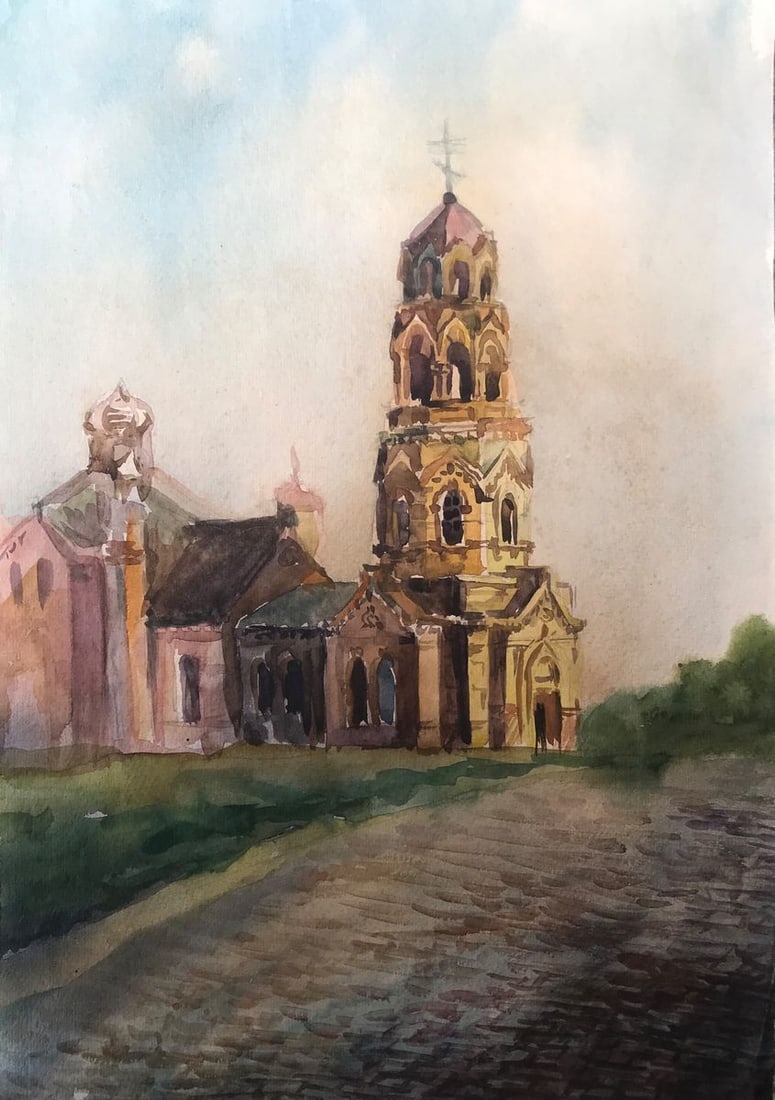 Watercolor painting Big church Unknown artist (1 of 11)
