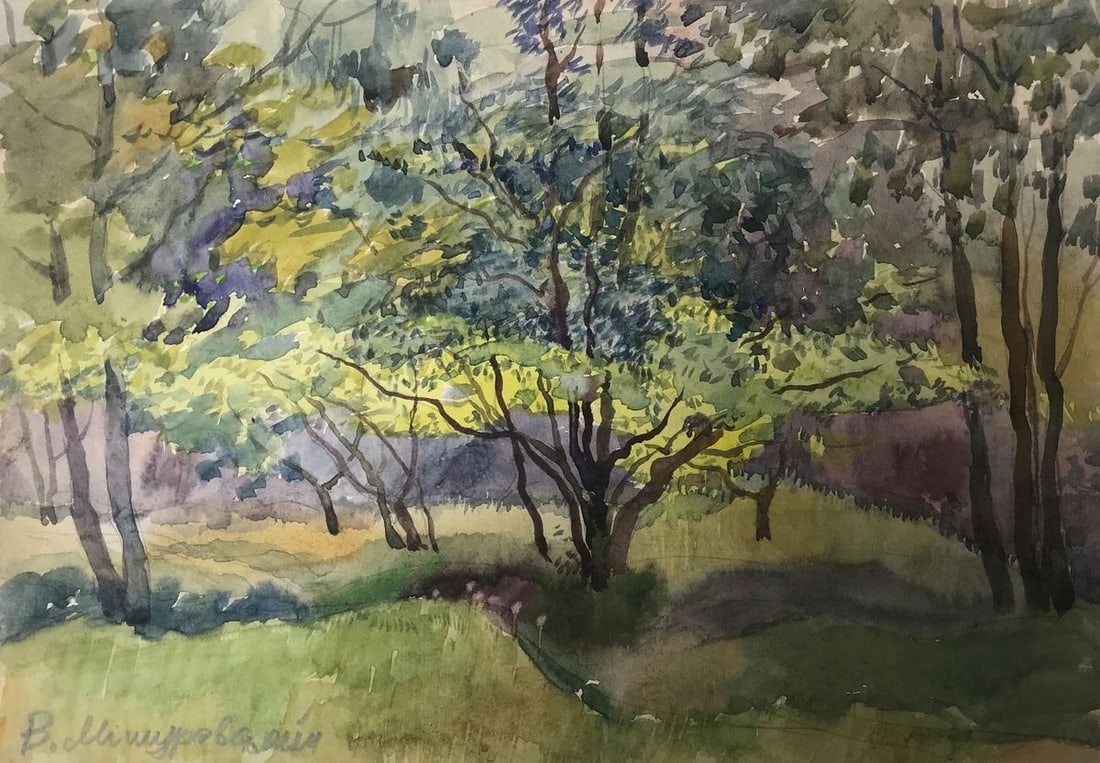 Watercolor painting In forests Wihyrovskii Victor: Title: Watercolor painting In forests Wihyrovskii Victor Description: AAA2101 This painting, entitled "In Forests", depicts a dense forest with green grass and a path winding through it. The painting 