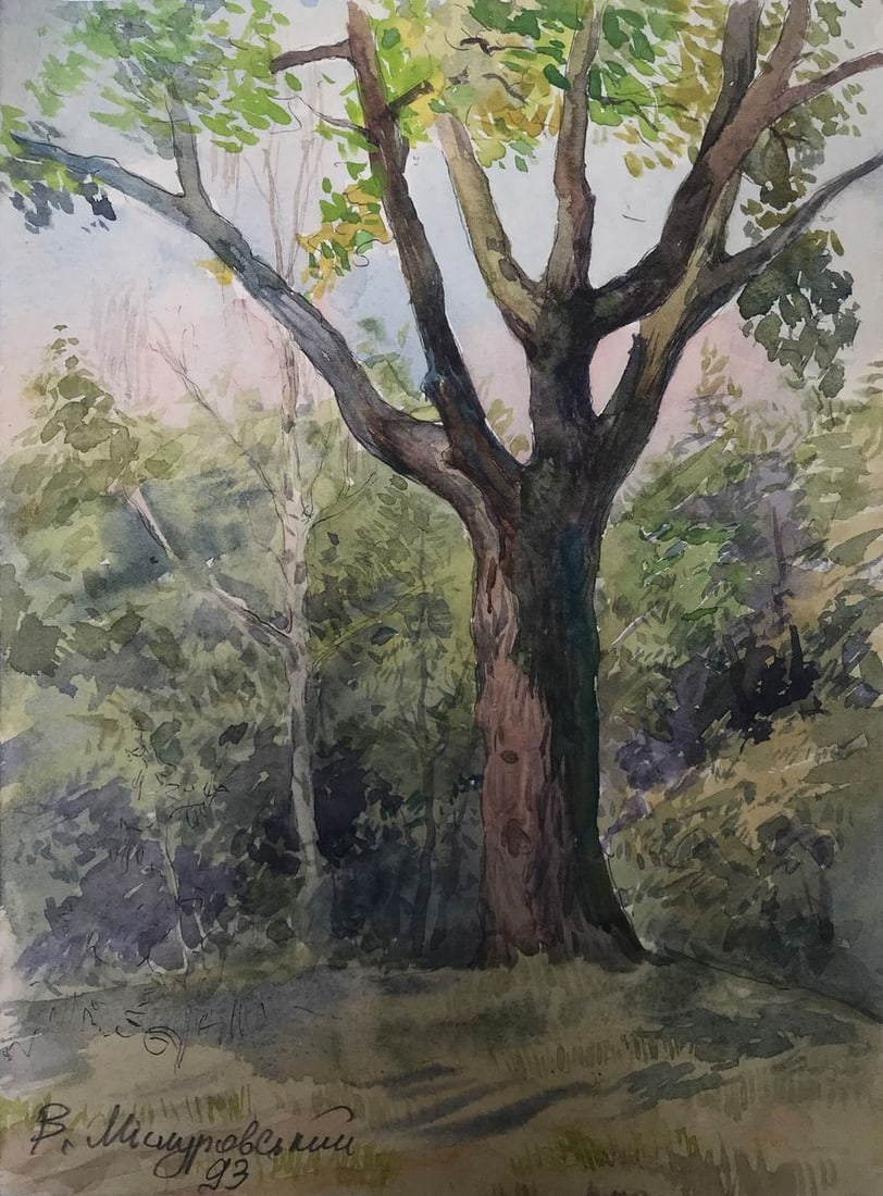 Watercolor painting Lonely tree Wihyrovskii Victor: Title: Watercolor painting Lonely tree Wihyrovskii Victor Description: AAA2102 This painting is a beautiful and evocative piece that captures the loneliness of a tree at the edge of a forest. The gree