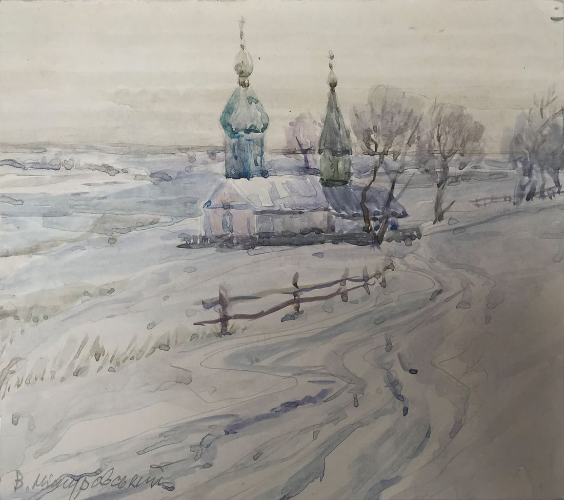 Watercolor painting Cold winter Wihyrovskii Victor: Title: Watercolor painting Cold winter Wihyrovskii Victor Description: AAA2103 If you're looking for a winter landscape that captures the beauty and serenity of the season, look no further than this p