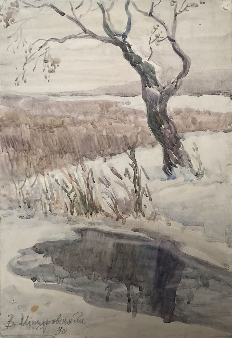 Watercolor painting Winter's end Wihyrovskii Victor: Title: Watercolor painting Winter's end Wihyrovskii Victor Description: AAA2105 Take a step back in time with this beautiful painting. "Winter's end" captures a serene moment in a snow-covered field. 