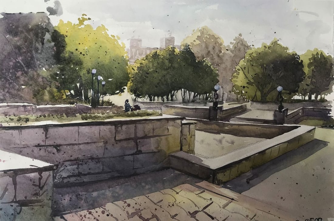 Watercolor painting City recreation park Unknown artist: Title: Watercolor painting City recreation park Unknown artist Description: AAA2108 Looking for a piece that captures the hustle and bustle of the city, while also offering a sense of peace and relaxa