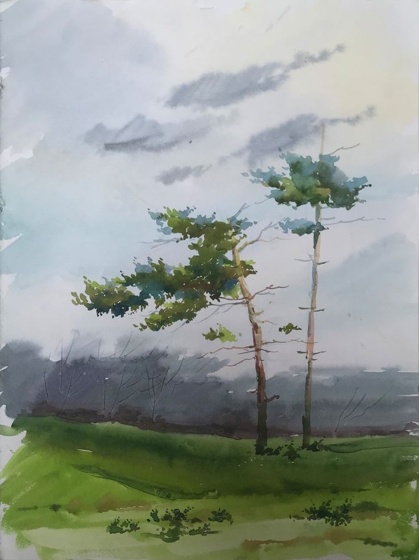 Watercolor painting Rainy day Unknown artist: Title: Watercolor painting Rainy day Unknown artist Description: AAA2109 This painting captures the tranquility of a rainy day. The green grass and tall trees are highlighted by the wind and rain, cre