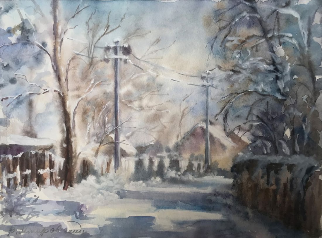 Watercolor painting Streets in the snow Wihyrovskii Victor: Title: Watercolor painting Streets in the snow Wihyrovskii Victor Description: AAA2115 Looking for a cozy and charming addition to your home decor. Look no further than this delightful painting, "Stre