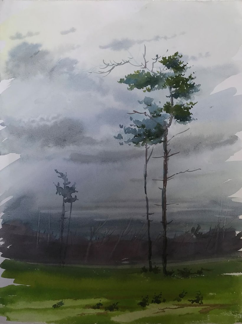 Watercolor painting After the rain Unknown artist: Title: Watercolor painting After the rain Unknown artist Description: AAA2119 The painting "After the rain" is a beautiful and atmospheric piece that captures the moment after a storm has passed. The 