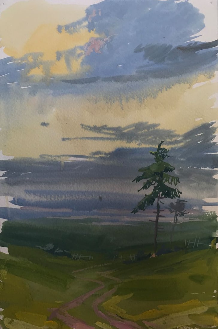 Watercolor painting Road in the field Unknown artist: Title: Watercolor painting Road in the field Unknown artist Description: AAA2120 Looking at "Road in the field" it's easy to get lost in its serene and idyllic beauty. The rich, green fields are like